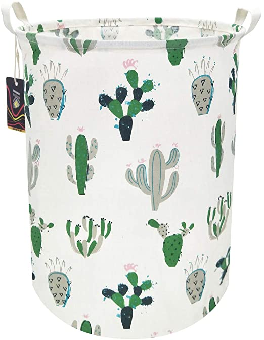 HKEC 19.7’’ Waterproof Foldable Storage Bin, Dirty Clothes Laundry Basket, Canvas Organizer Basket for Laundry Hamper, Toy Bins, Gift Baskets, Bedroom, Clothes, Baby Hamper(Green and Gray Cactus)