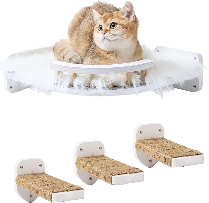 COOLEX Cat Wall Shelves, Cat Shelves and Perches for Wall, Cat Wall Furniture, Corner Cat Shelf with 3 Steps Scratch Post, Cat Bed Hammock with Plush Covered, Climbing Shelf for Indoor Cats (White)