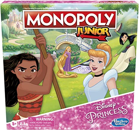 Monopoly Junior: Disney Princess Edition Board Game for Kids Ages 5 and Up, Play as Moana, Rapunzel, Mulan, or Cinderella (Amazon Exclusive)