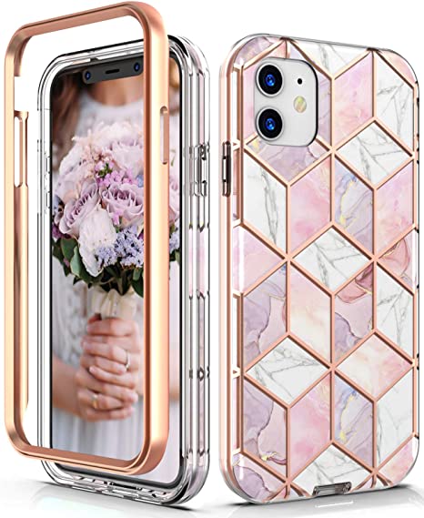 Hasaky iPhone 11 Case,Dual Layer Hybrid Bumper Clear Rose Gold Marble Design Soft TPU Hard Back Heavy Duty Anti-Scratch Shockproof Protective Phone Case for Apple iPhone 11 6.1 Inch-Pink/Rose Gold.