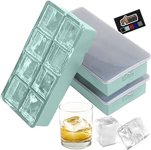 Gorilla Grip Large Silicone Ice Cube Mold with Stackable Lid, Easy Release Freezer Mold, 8 Giant Square Cubes, Slow Melt for Whiskey Drinks Iced Coffee, Cocktail Bar Kitchen Essentials, 1 Tray, Mint