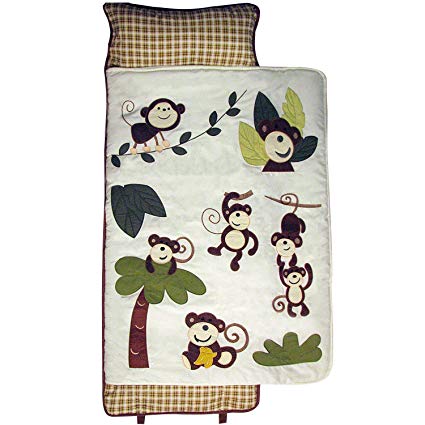 SoHo Curious Monkey nap mat for toddler preschool day care with pillow lightweight rolled nap mats All Hand Embroidery Brown