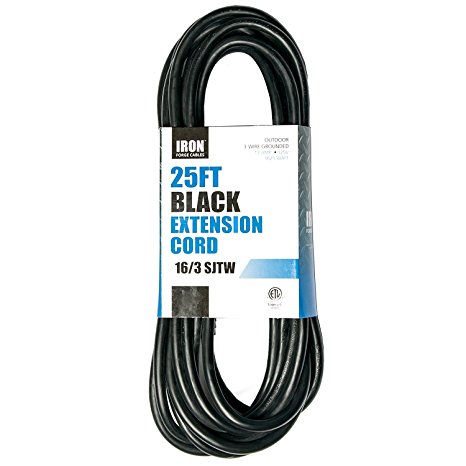 25 Ft Outdoor Extension Cord - 16/3 Heavy Duty Black Cable