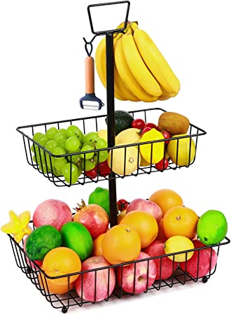 2-Tier Fruit Basket with Banana Hanger, Ohuhu Fruit Bowl for Kitchen Counter Vegetable Bread Snack Potato and Onion Storage Stand Holder for Countertop Detachable Wire Baskets for Home