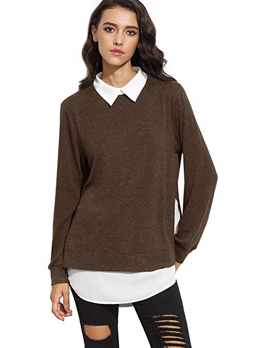 Romwe Women's Classic Collar Long Sleeve Curved Hem Pullover Sweatshirt