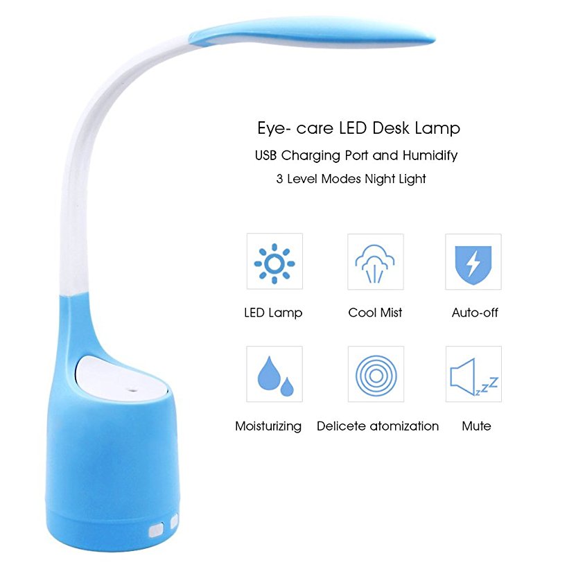 ARRIS Humidity LED Desk Lamp with USB Charging Port and Humidifier,3 Level Modes Dimmable Night Light for bedroom