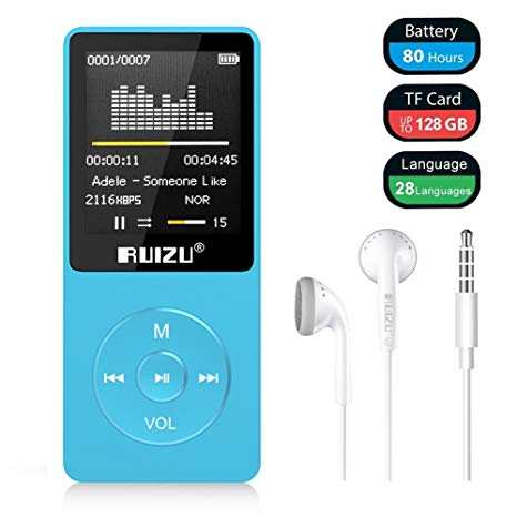 Mp3 Player, RUIZU X02 Ultra Slim Music Player with FM Radio, Voice Recorder, Video Play, Text Reading, 80 Hours Playback and Expandable Up to 128 GB (Blue)