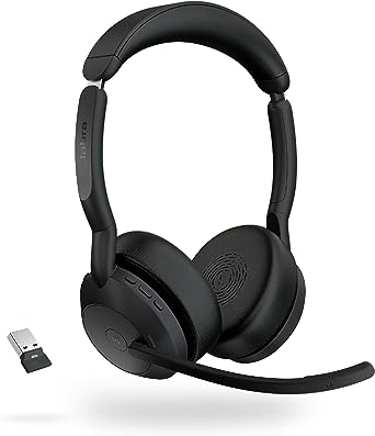 Jabra Evolve2 55 Stereo Wireless Headset - Features AirComfort Technology, Noise-Cancelling Mics & Active Noise Cancellation - MS Teams Certified, Works with Other Platforms - Black