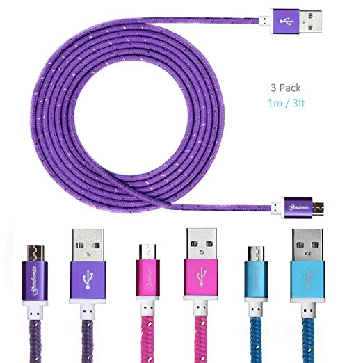 Gembonics Pack of 3 Micro USB to Charging Cord Data Sync Cable - 3 Feet (1 Meter) - Purple/Pink/Blue