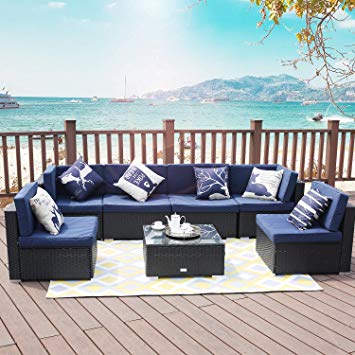 LUCKWIND Patio Conversation Sectional Sofa Chair - (7-Piece Set) All-Weather Black Checkered Wicker Rattan Seating Blue Cushion Patio Ottoman Modern Glass Coffee Table Outdoor Accend Pillow 300lbs