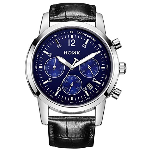 HOWK Business Casual Men’s Date Multifunctional Quartz Wrist Watch Blue Dial Black Leather Strap