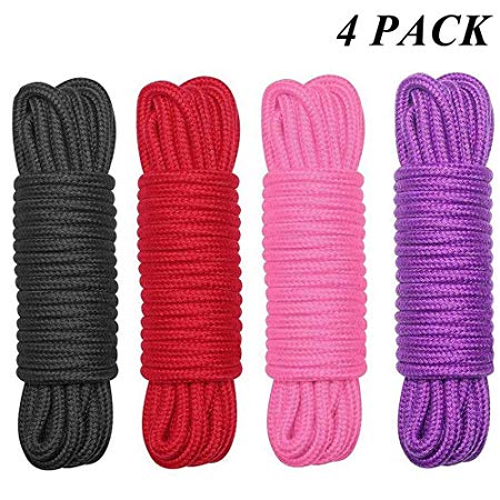 Cotton Rope Soft Silk Rope Twisted All-Purpose Soft Cotton Rope 4-Pack 32 Feet 10 M (Black, Red, Purple and Pink)