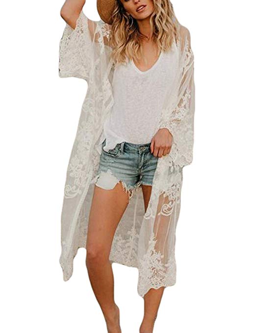 Bsubseach Women Sexy Lace Crochet Open Front Swimsuit Beach Long Kimono Cover Ups