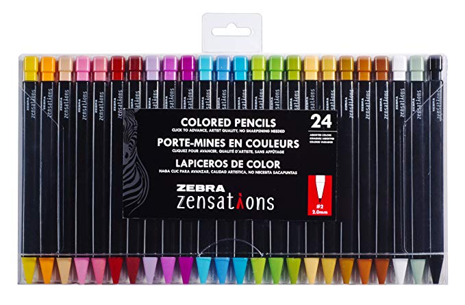 Zebra Zensations Mechanical Colored Pencils, 2.0mm Point Size, Assorted Colored Lead, 24-Count