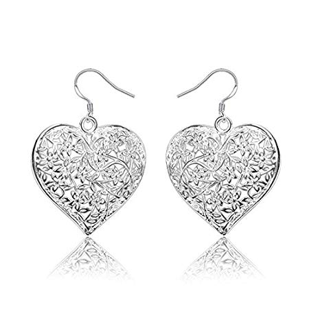 Alicenter(TM) Women 925 Sterling Silver Vintage Hollow Heart Dangle Hook Earrings Jewelry