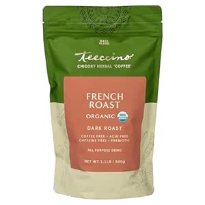 Teeccino French Roast Chicory Coffee Alternative - Ground Herbal Coffee That’s Prebiotic, Caffeine-Free & Acid Free, Dark Roast, 1.1 Pound