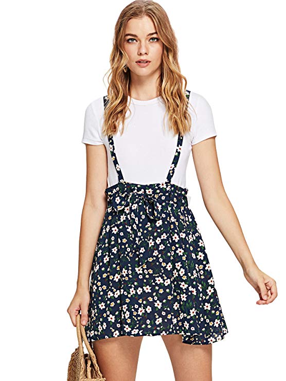 Romwe Women's Floral Print Self Tie Waist Crisscross Pinafore Overall Dress