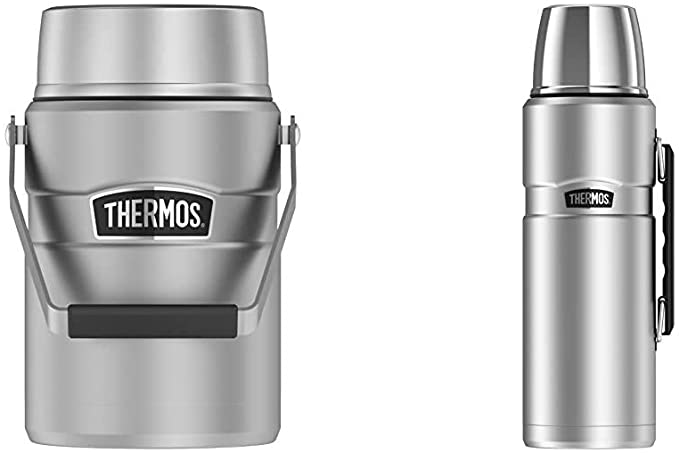 Thermos Stainless King 47 Ounce Vacuum Insulated Food Jar with 2 Inserts, Stainless Steel & Stainless King 68 Ounce Vacuum Insulated Beverage Bottle with Handle, Stainless Steel