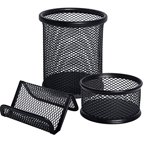 JPSOR 3 Pack Mesh Pencil Pen and Metal Business Card Holder - Black Business Card Pencil Pen Cup Paper Clip Organizer for Desk Office and School