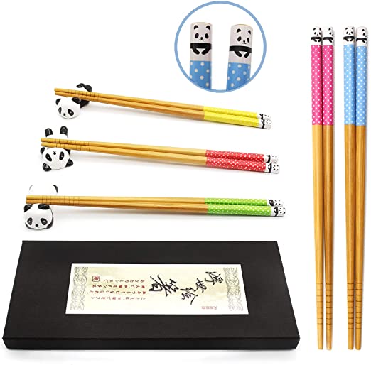 5 Pairs Chopsticks and Chopstick Rest Set, Cute Panda Chopsticks Holder 3 Pcs, Classic Japanese Style Bamboo Natural Reusable Chopsticks, Dishwasher - Safe, Chopsticks Holder Gift Set (Panda)