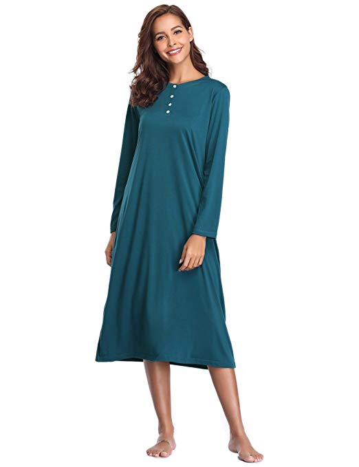 Lusofie Long Nightgowns for Women Long Sleeve Cotton Sleepwear Button-Front Sleepshirt