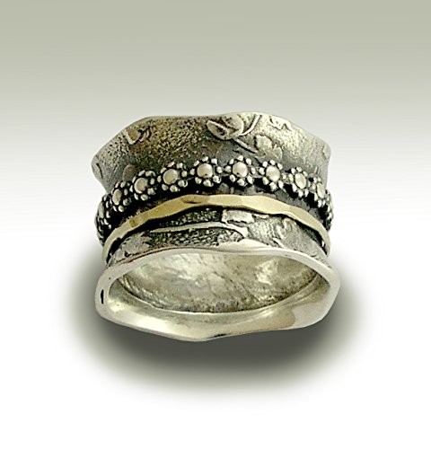 Sterling silver gold spinner wide band Woodland meditation ring - I gave you my love R1736B