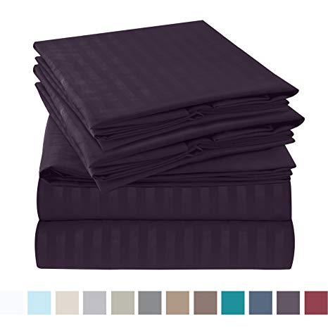 Nestl Bedding Bed Sheet Set - Damask Stripes - Soft Brushed Microfiber - 2 Extra Pillowcases 6 Piece King Size, Purple Eggplant