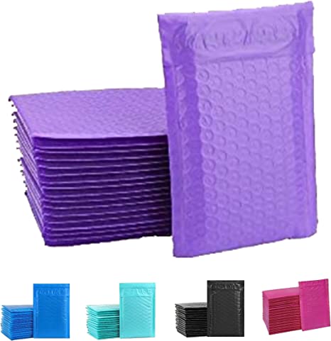Yens Poly Bubble Mailers Colors and Sizes Waterproof Self Seal Adhesive Shipping Bags, Cushioning Padded Envelopes for Shipping, Mailing, Packaging (PM#000(4X8)-50 pcs, Purple)