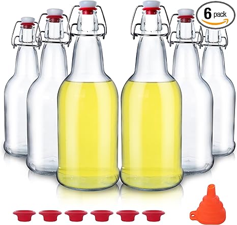 UrSpeedtekLive 6 Pack 16oz Swing Top Glass Bottles, 500ML Glass Brewing Bottles with Airtight Stoppers for Beer, Kombucha, Kefir, Vanilla Extract(Bonus Gaskets and Funnel)