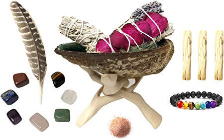 White Sage Smudge Kit - 2 White Sage (One with Rose and Lavender), 3 Palo Santo, Abalone Shell with Natural Wooden Tripod Stand, Chakra Stones, Chakra Bracelet, Feather and Himalayan Salt!