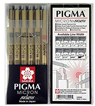 Sakura Pigma Micron drawing pen set, Archival ink black fineliner manga pen, Assorted nibs sizes fine point (005, 01, 03, 05, 08, brush tip)