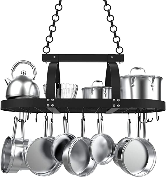 KES Ceiling Pot Rack 34-Inch Hanging Pot Rack for Kitchen Oval Pot and Pan Rack Matte Black Pot Hanger with 20 S Hooks, KUR221S95-BK