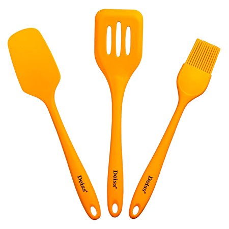 Deiss ART 3-piece Silicone Utensil Set — Slotted Turner, Spatula, Pastry Brush — Hygienic Design — Safe for Non-stick Cookware — Heat-Resistant — Dishwasher Safe