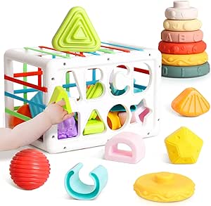 Montessori Toys for 1 Year Old, 2 in 1 Baby Toys 6 to 12 Months, Shape Sorter Toys with 14 Pcs Sensory Blocks&Stacking Toys, Baby Boys Girl Gifts for 1 2 Years Old Learning/Christmas/Birthday/Travel