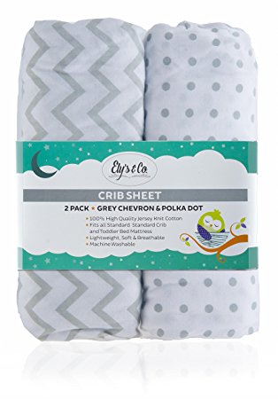 Crib Sheet Set 2 Pack 100% Jersey Cotton for Baby Girl by Ely's & Co. - Grey Chevron and Polka Dot by Ely's & Co.