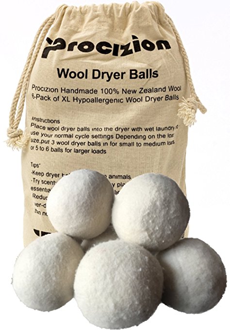 Wool Dryer Balls XL Made of 100% Premium, Organic Wool, Handmade, Non-Toxic, All Natural Eco-Friendly Reusable Fabric Softener, 6 Pack