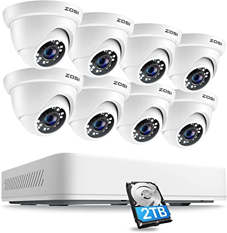 ZOSI 2K Super HD Home Security Cameras System,8 Channel H.265  5MP CCTV DVR Recorder with 2TB Hard Drive,8pcs 2K  (5MP) Wired Indoor Outdoor Surveillance Cameras,80ft Night Vision,Motion Alerts