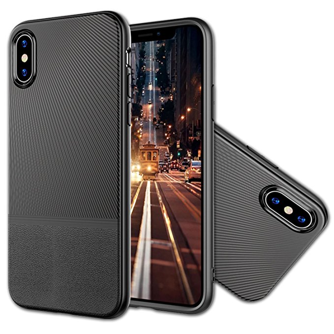 iPhone X Case, Amextrian [Wireless Charging Support] Lightweight Carbon Fiber Scratch Resistant [Shock Absorption] Soft TPU Case For iPhone X [BLACK]