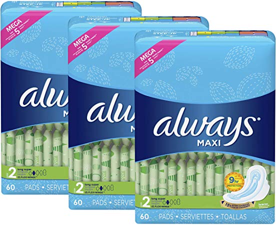 Always Maxi Feminine Pads with Wings for Women, Size 2, Long Super Absorbency, Unscented, 60 Count - Pack of 3 (180 Count Total)