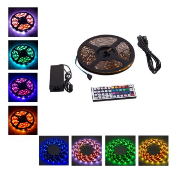 Flexzion LED Strip Light 16.4FT 5M SMD 5050 Waterproof 300LEDs Color Changing RGB Flexible Lamp Kit With 44 Key IR Remote Controller and 12V 5A Power Supply for Home Decor