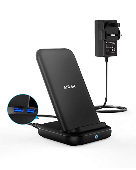 Anker PowerWave 10 Stand with 2 USB-A Ports, Qi-Certified 5W/7.5W/10W Wireless Charger Stand, Compatible with iPhone XS Max/XR/XS/X/8/8 Plus, Samsung Galaxy S10/S9/S9 /S8 (DC Adapter Included)