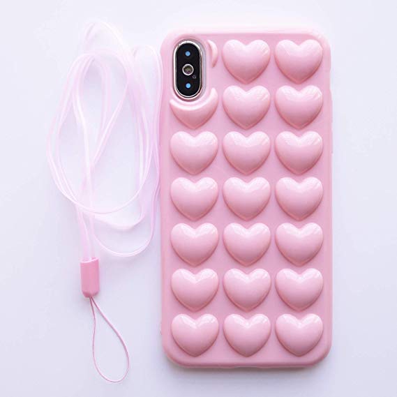 iPhone X Case, DMaos IPhone 10 Pink Women Cover Cute 3D Heart Necklace Hand Rope Gasbag Rubber Shock Proof Surface 5.8'' (Pink)