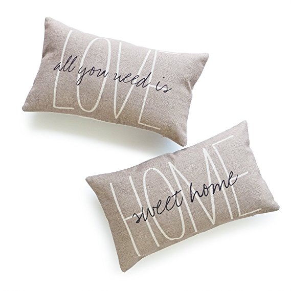 Hofdeco Decorative Lumbar Pillow Cover HEAVY WEIGHT Cotton Linen His and Her Tan Home Sweet Home Love Is All You Need 12"x20" 30cm x 50cm Set of 2