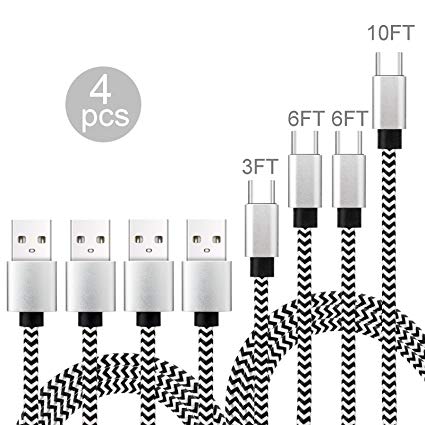 Aiibe USB Type c Cable, Type c to USB A 2.0 Cable, 4-Pack (10ft, 6ft, 6ft,3ft) Braided UP 2.4A Fast Speed Charger Cord for Samsung Galaxy S8, S8 plus, Nexus 6P 5X, Google Pixel, LG G5 G6
