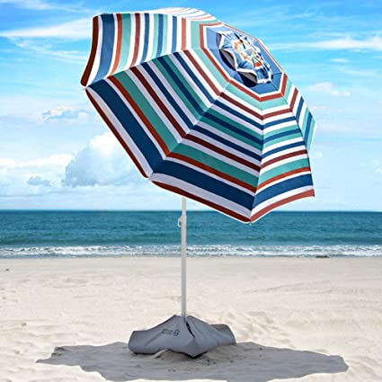 Beach Umbrella - 6.5ft Heavy Duty Windproof Tilt Portable Umbrella with Sand Anchor & Sand Bags UPF 50  PU Coating with Carry Bag for Patio and Outdoor - Blue/Red Striped