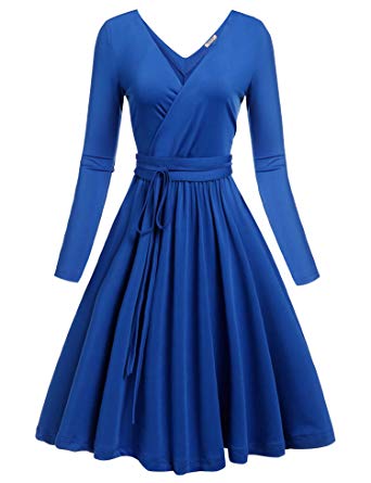 ACEVOG Pleated Fit Flare Dresses Women Sexy Deep V-Neck Long Sleeve A-Line Casual Dress with Belt