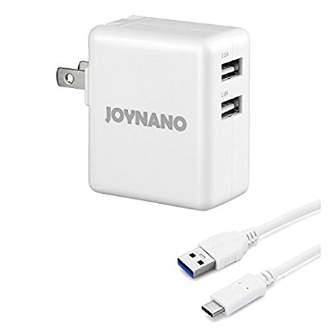 JoyNano 11W 2-Port USB Charger 5V 1A 2.1A Folding Plug for iPhone iPad Nexus Lumia and More - with USB-C Cable White