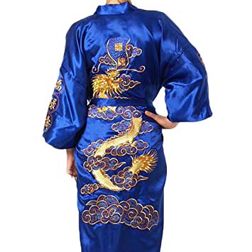 Chinese Men's Silk Satin Embroider Kimono Robe Gown Dragon (Blue, S)
