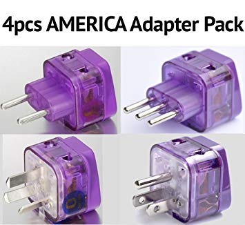 NEW! 4 Pieces AMERICA TRAVEL ADAPTER Pack for SOUTH and N. AMERICA; ARGENTINA BRAZIL CHILE PERU BOLIVIA URUGUAY COSTA RICA COLOMBIA DOMINICAN REP. USA MEXICO CANADA / WITH DUAL PLUG-IN PORTS AND BUILT-IN SURGE PROTECTORS