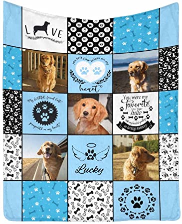 Custom Pet Memorial Gifts, You Left Paw Prints on My Heart Paw Print Blue Personalized Dog Photo Blanket in Memory of Dog Throw Blanket for Sympathy Remembrance Loss of Dog Gifts 30x40